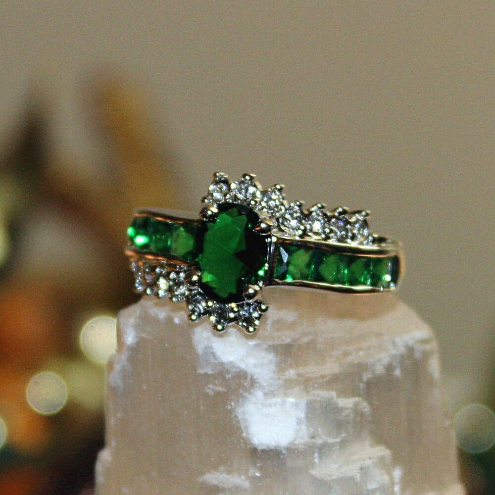 Elegant Green Tsavorite and White Zircon 10K  Gold Fill Ring